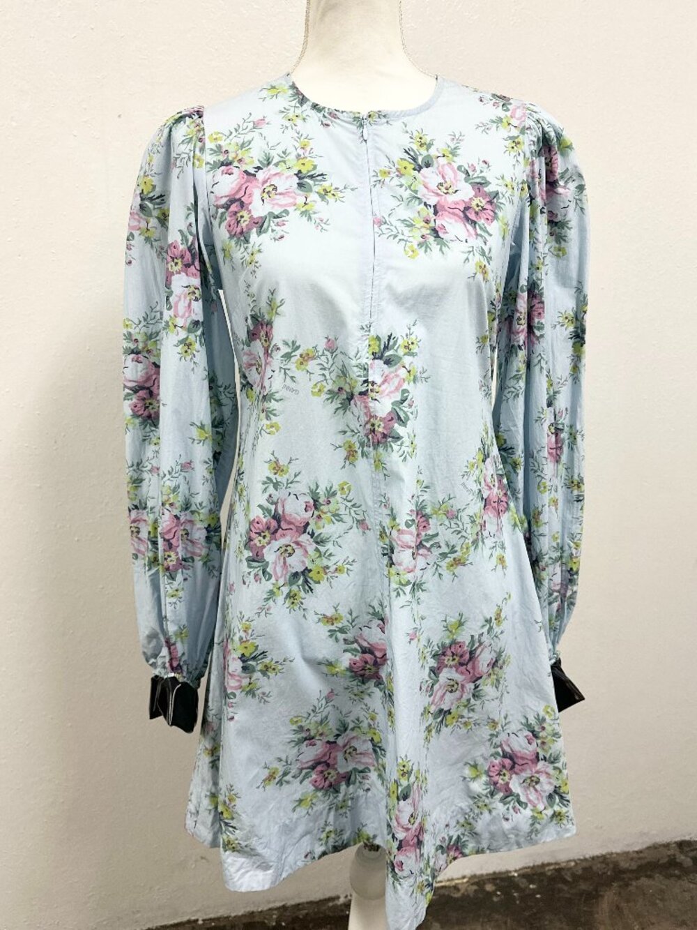Ganni Women’s Light Blue Floral Printed Organic Cotton Midi Length Dress SZ 36